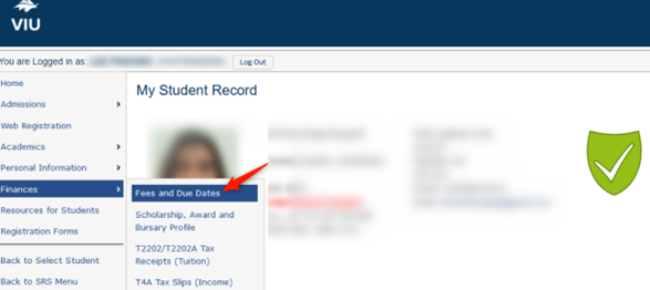 My Student Record - Fees and Due Dates Selected