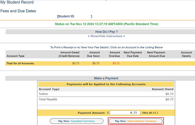 Screen shot of Fees and Due Dates re International Currency